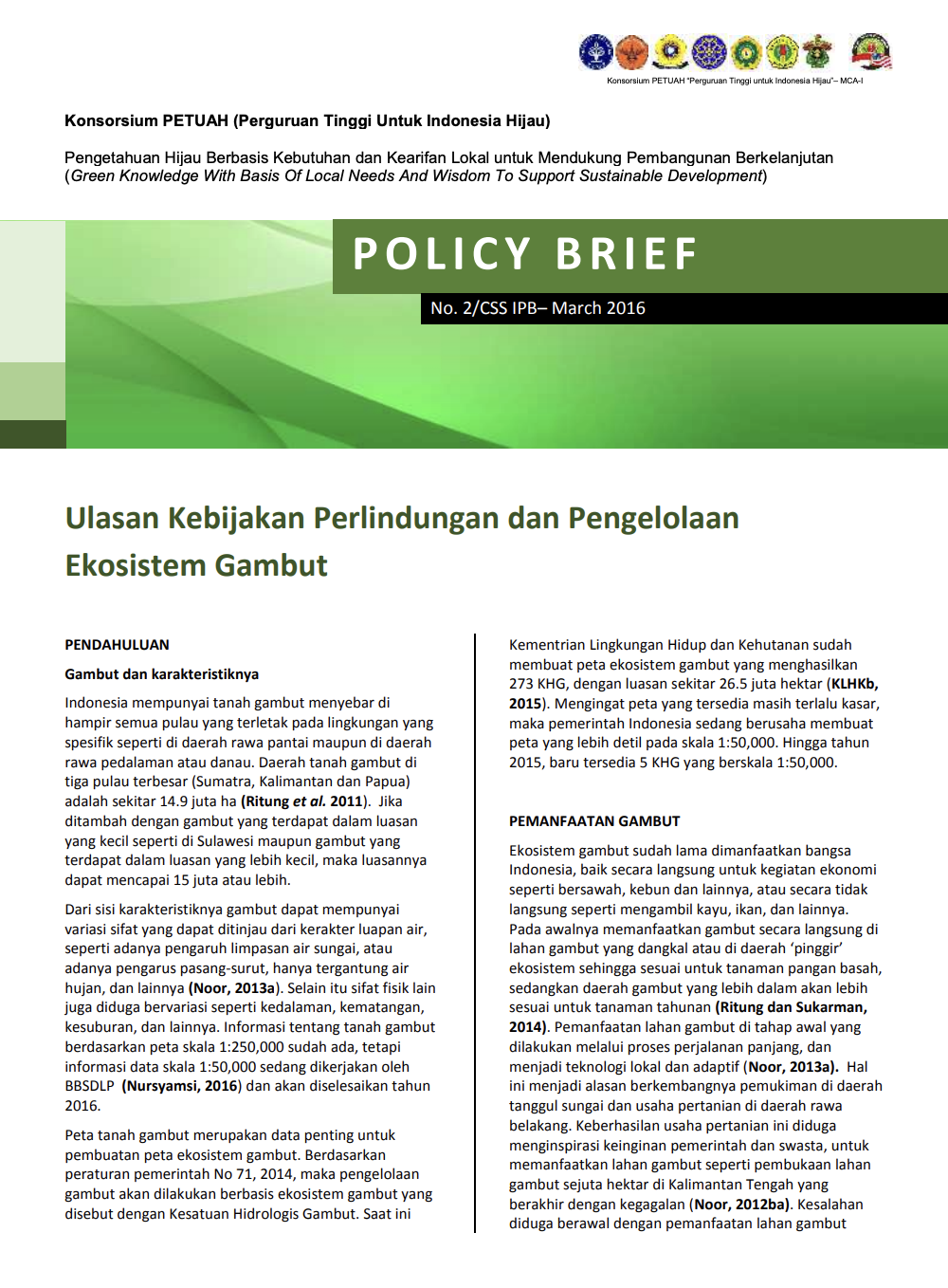 Policy Briefs - Ulasan Kebijakan Perlindungan Dan Pengelolaan Ekosistem Gambut