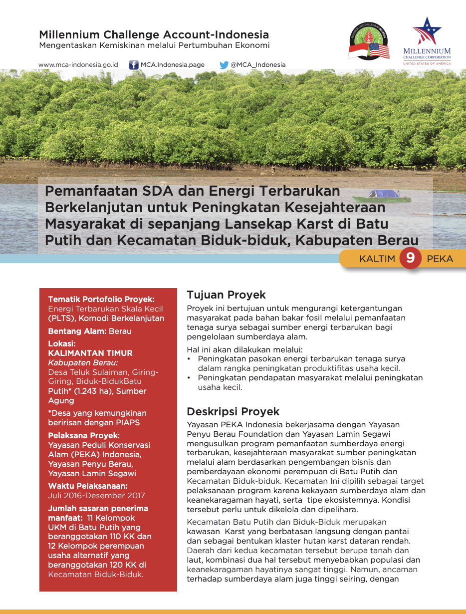 Pemanfaatan SDA Dan Energi Terbarukan Berkelanjutan Untuk Peningkatan Kesejahteraan Masyarakat Di Sepanjang Lanskap Karst Di Batu Putih Dan Kecamatan Biduk-Biduk, Kabupaten Berau