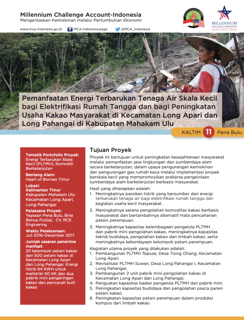 Pemanfaatan Energi Terbarukan Tenaga Air Skala Kecil Bagi Elektrifikasi Rumah Tangga dan Bagi Peningkatan Usaha Kakao Masyarakat Di Kecamatan Long Apari Dan Long Pahangai di Kabupaten Mahakam Ulu