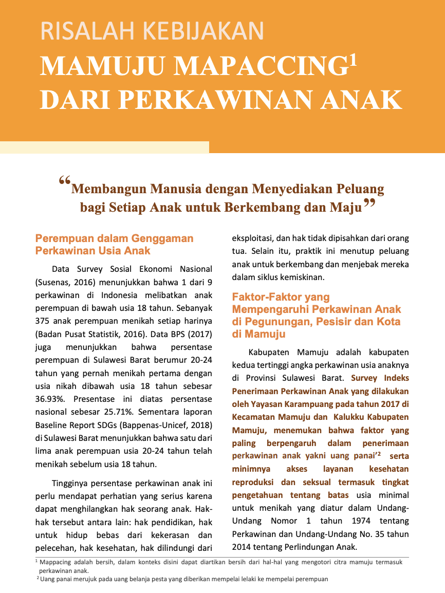 Risalah Kebijakan Mamuju Mapaccing dari Perkawinan Anak