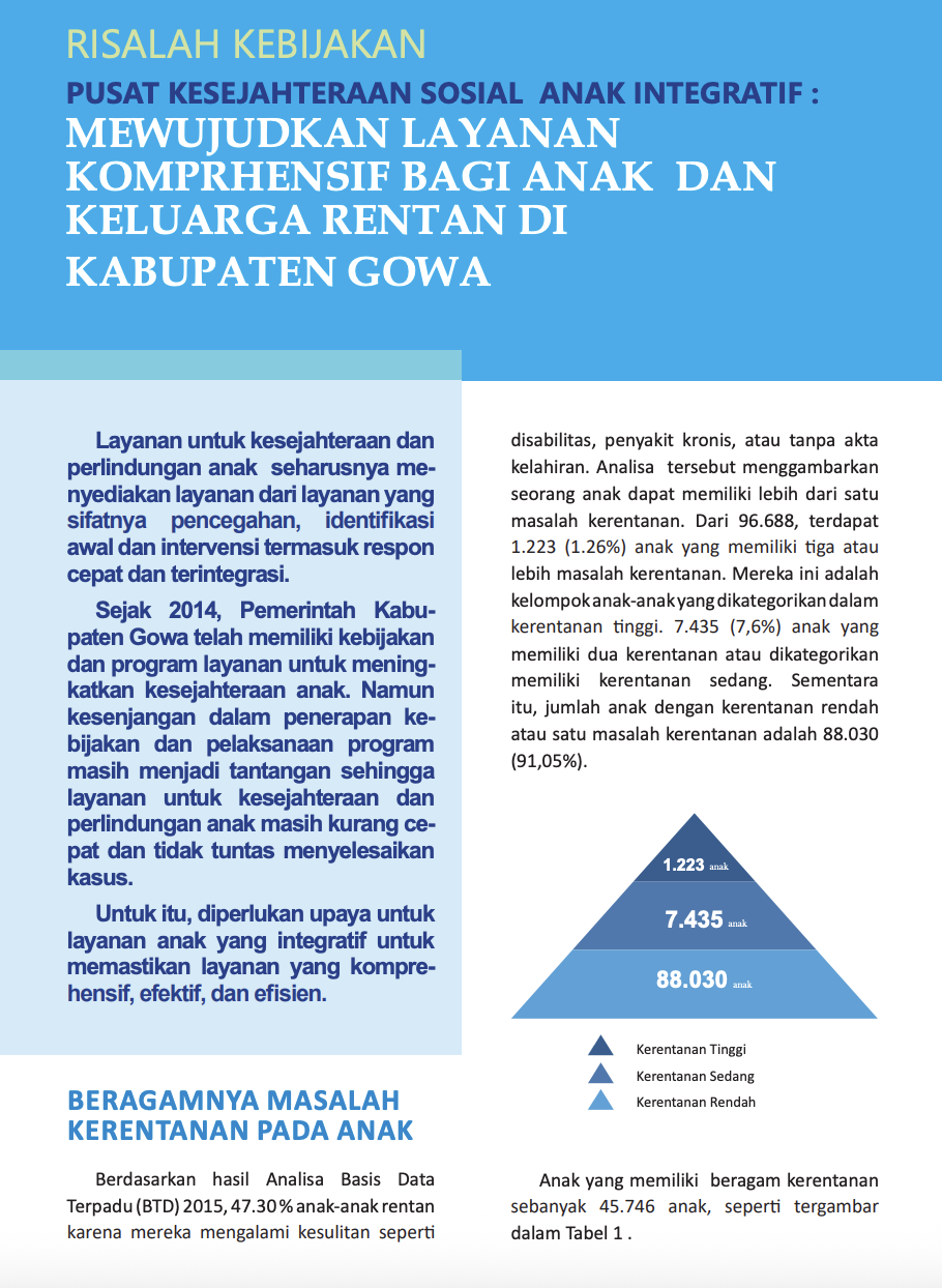 Risalah Kebijakan Pusat Kesejahteraan Sosial Anak Integratif : Mewujudkan Layanan Komprehensif Bagi Anak dan Keluarga Rentan di Kabupaten Gowa