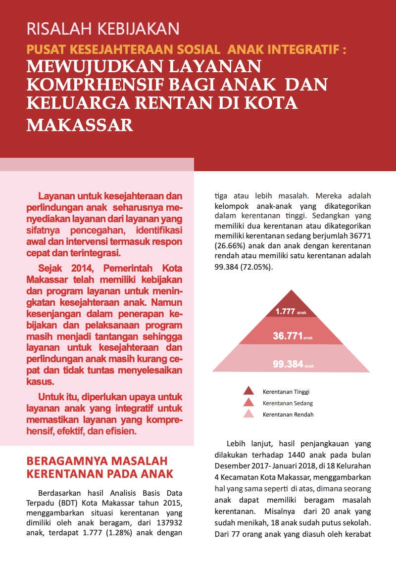 Risalah Kebijakan Pusat Kesejahteraan Sosial Anak Integratif : Mewujudkan Layanan Komprehensif Bagi Anak dan Keluarga Rentan di Kota Makassar