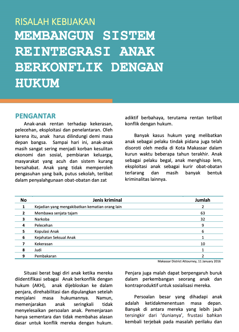 Risalah Kebijakan Membangun Sistem Reintegrasi Anak Berkonflik dengan Hukum
